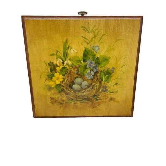 Vintage Other - Wildflowers Robin's Nest Wall Art 70s Decoupage Wooden Wall Hanging Plaque Retro